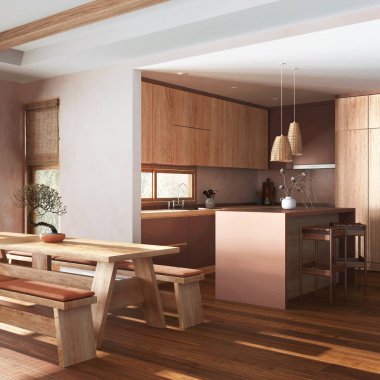 Japandi living, dining room and kitchen in white and orange tones. Fabric sofa, dining table with benches and island. Modern interior design