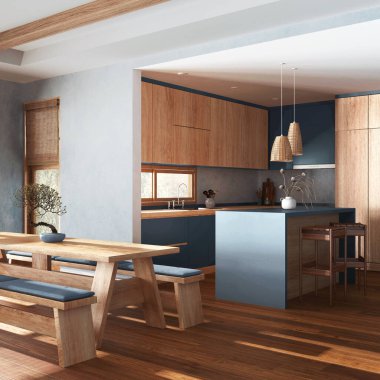 Japandi living, dining room and kitchen in white and blue tones. Fabric sofa, dining table with benches and island. Modern interior design