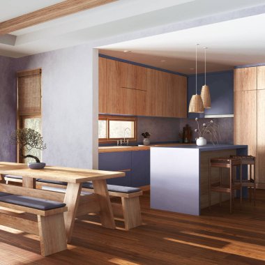 Japandi living, dining room and kitchen in white and violet tones. Fabric sofa, dining table with benches and island. Modern interior design