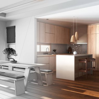 Architect interior designer concept: hand-drawn draft unfinished project that becomes real, japandi living, dining room and kitchen. Modern style