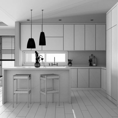 Blueprint unfinished project draft, minimalist kitchen with island and stools. Wooden cabinets, appliances and decors. Japandi interior design