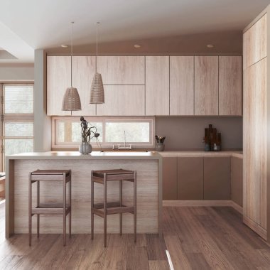 Minimalist kitchen in bleached and beige tones with island and stools. Wooden cabinets, appliances and decors. Japandi interior design