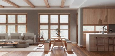 Minimalist living, dining room and kitchen in white and beige tones. Fabric sofa and wooden dining table with benches, island with stools. Japandi interior design