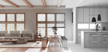 Architect interior designer concept: hand-drawn draft unfinished project that becomes real, minimalist living, dining room and kitchen. Japandi style