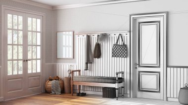 Architect interior designer concept: hand-drawn draft unfinished project that becomes real, farmhouse hallway. Glass entrance door, vintage style