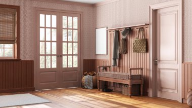 Scandinavian hallway in white and orange tones. Wooden bench and coat rack. Glass, wallpaper and entrance door, farmhouse interior design