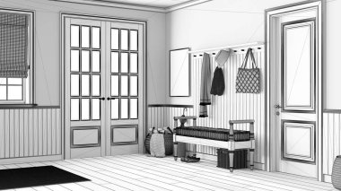 Blueprint unfinished project draft, scandinavian hallway. Wooden bench and coat rack. Glass, wallpaper and entrance door, farmhouse interior design