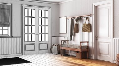 Architect interior designer concept: hand-drawn draft unfinished project that becomes real, scandinavian hallway. Wooden bench and coat rack. Farmhouse style