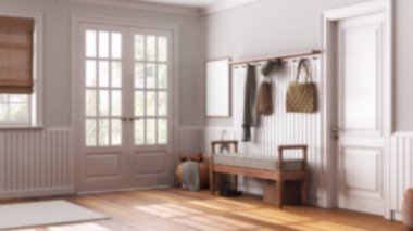 Blurred background, scandinavian hallway. Wooden bench and coat rack. Glass, wallpaper and entrance door, farmhouse interior design