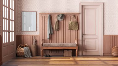 Nordic farmhouse hallway in white and orange tones. Wooden bench and coat rack. Glass, wallpaper and entrance door, scandinavian interior design