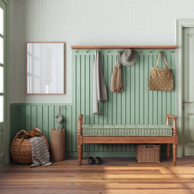 Farmhouse hallway in white and green tones with frame mockup. Wooden bench and coat rack. Glass entrance door, vintage interior design