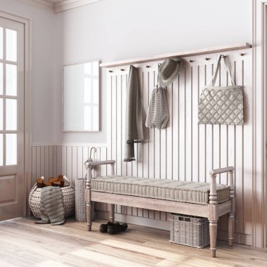 Scandinavian hallway in white and bleached tones with frame mockup. Wooden bench and coat rack. Glass, wallpaper and entrance door, farmhouse interior design