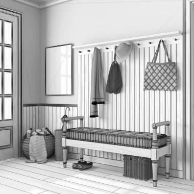Blueprint unfinished project draft, scandinavian hallway with frame mockup. Wooden bench and coat rack. Farmhouse interior design