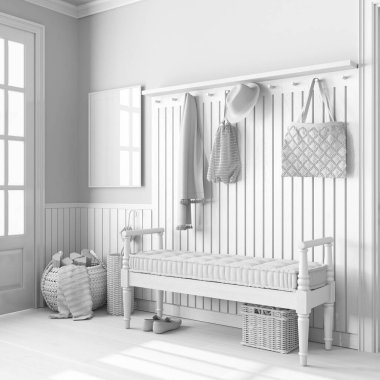 Total white project draft, scandinavian hallway in white and bleached tones with frame mockup. Wooden bench and coat rack. Farmhouse interior design