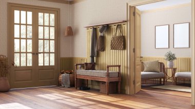 Scandinavian hallway and living room in white and yellow tones. Wooden bench, sofa and coat rack. Wallpaper and entrance door, farmhouse interior design