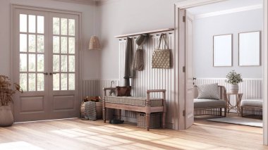 Scandinavian hallway and living room in white and beige tones. Bleached wooden bench, sofa and coat rack. Glass entrance door, farmhouse interior design