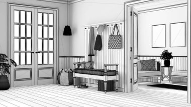 Blueprint unfinished project draft, scandinavian hallway and living room. Wooden bench, sofa and coat rack. Glass entrance door, farmhouse interior design