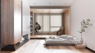 Minimalist bleached wooden bedroom in white and beige tones. Bed with pillows and fireplace. Wallpaper and parquet floor. Japandi interior design