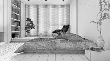 Blueprint unfinished project draft, japandi wooden bedroom. Bed with pillows and decors. Wallpaper and parquet floor. Minimalist interior design