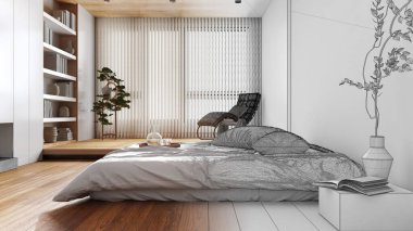 Architect interior designer concept: hand-drawn draft unfinished project that becomes real, japandi wooden bedroom. Bed with pillows and decors. Minimalist style