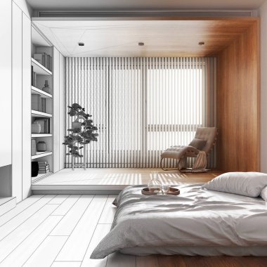 Architect interior designer concept: hand-drawn draft unfinished project that becomes real, japandi wooden bedroom. Bed with pillows and decors. Minimalist style