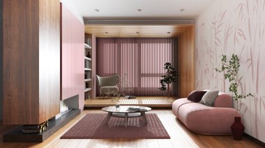 Minimalist wooden living room in white and red tones. Fabric sofa and fireplace. Wallpaper and parquet floor. Japandi interior design