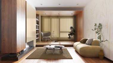 Minimalist wooden living room in white and yellow tones. Fabric sofa and fireplace. Wallpaper and parquet floor. Japandi interior design