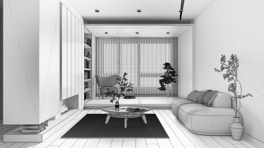 Blueprint unfinished project draft, minimalist wooden living room. Fabric sofa and fireplace. Wallpaper and parquet floor. Japandi interior design