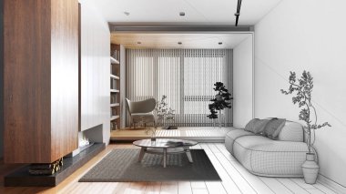 Architect interior designer concept: hand-drawn draft unfinished project that becomes real, minimalist wooden living room. Fabric sofa and fireplace. Japandi style