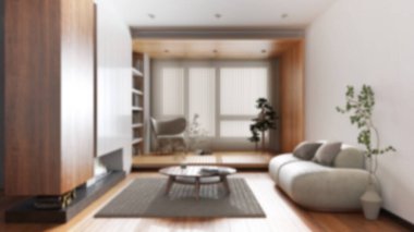 Blurred background, minimalist wooden living room. Fabric sofa and fireplace. Wallpaper and parquet floor. Japandi interior design