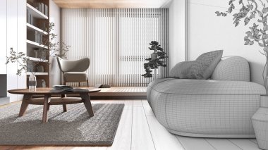 Architect interior designer concept: hand-drawn draft unfinished project that becomes real, japandi wooden living room. Fabric sofa with pillows and decors. Minimalist style