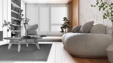 Architect interior designer concept: hand-drawn draft unfinished project that becomes real, japandi wooden living room. Fabric sofa with pillows and decors. Minimalist style