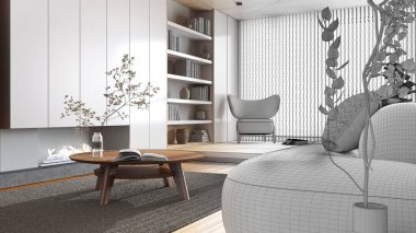 Architect interior designer concept: hand-drawn draft unfinished project that becomes real, modern wooden living room. Sofa close up and fireplace. Minimalist japandi style