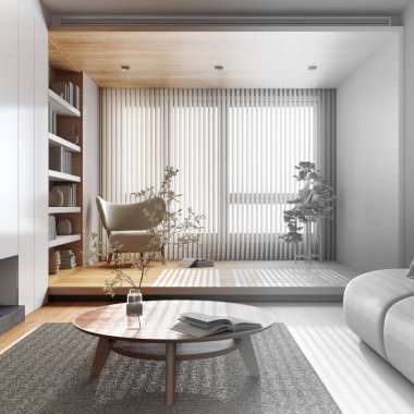 Architect interior designer concept: hand-drawn draft unfinished project that becomes real, japandi wooden living room. Sofa, armchair and decors. Minimalist modern style