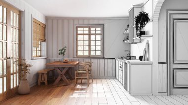 Architect interior designer concept: hand-drawn draft unfinished project that becomes real, farmhouse bleached wooden kitchen with dining room. Japandi style