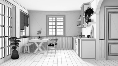 Blueprint unfinished project draft, farmhouse bleached wooden kitchen with dining room. Cabinets and table with chair. Japandi interior design