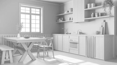Total white project draft, farmhouse bleached wooden kitchen and dining room. Cabinets and table with chair. Wabi sabi interior design