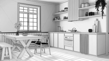Blueprint unfinished project draft, farmhouse bleached wooden kitchen and dining room. Cabinets and table with chair. Wabi sabi interior design