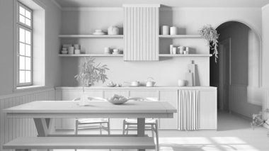 Total white project draft, wooden country kitchen and dining room. Cabinets and table with chair. Farmhouse interior design