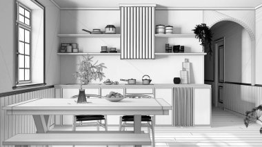 Blueprint unfinished project draft, wooden country kitchen and dining room. Cabinets and table with chair. Farmhouse interior design