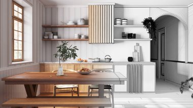 Architect interior designer concept: hand-drawn draft unfinished project that becomes real, wooden country kitchen and dining room. Cabinets and table with chair. Farmhouse style