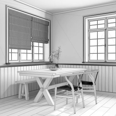 Blueprint unfinished project draft, farmhouse wooden dining room. Rustic table with chair and bench. Parquet floor. Wabi sabi interior design