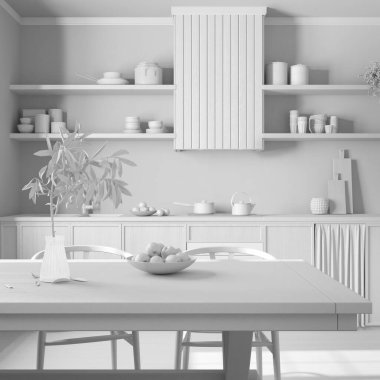 Total white project draft, wooden rustic kitchen and dining room. Cabinets and table with chair. Parquet floor. Farmhouse interior design