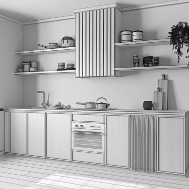 Blueprint unfinished project draft, farmhouse dark wooden kitchen with appliances. Cabinets and parquet floor. Japandi interior design