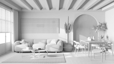 Total white project draft, wooden farmhouse living and dining room. Fabric sofa, table with chairs and decors. Contemporary interior design