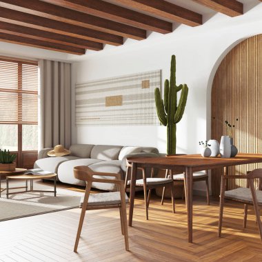 Modern dining and living room in white and beige tones. Table with chairs and decors, sofa with carpet. Farmhouse interior design