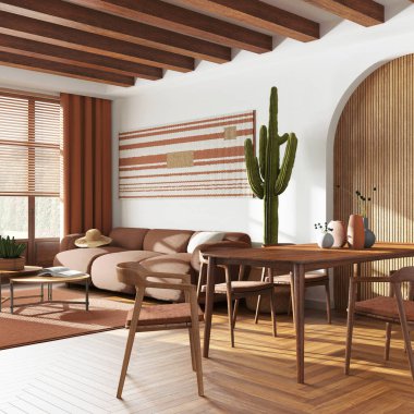 Modern dining and living room in white and orange tones. Table with chairs and decors, sofa with carpet. Farmhouse interior design