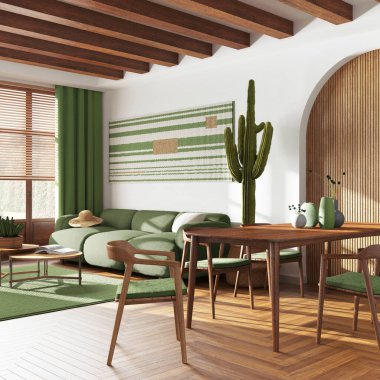 Modern dining and living room in white and green tones. Table with chairs and decors, sofa with carpet. Farmhouse interior design