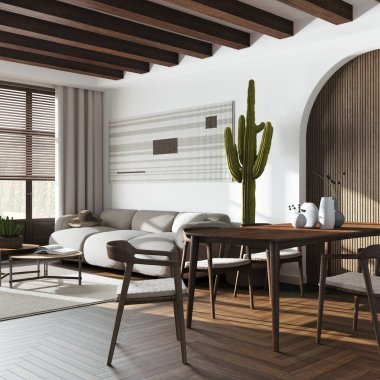 Modern dining and living room in white and dark tones. Table with chairs and decors, sofa with carpet. Farmhouse interior design