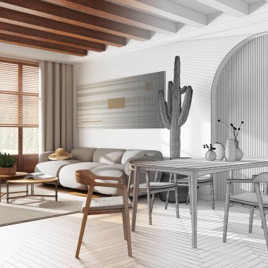 Architect interior designer concept: hand-drawn draft unfinished project that becomes real, modern dining and living room. Table with chairs and decors. Farmhouse style